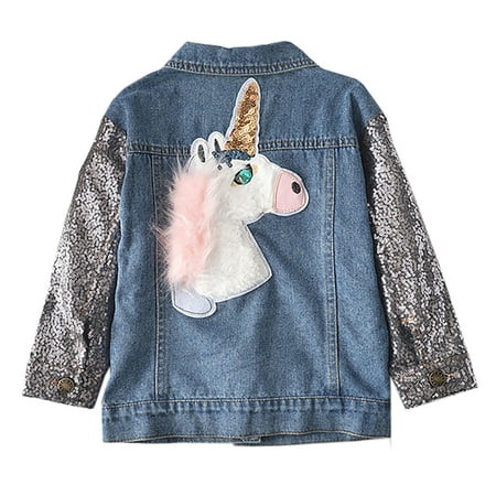 

2-7T Toddler Baby Girls Unicorn Jean Jacket with Sequins Sparkly Sleeve Kids Fashion Denim Jackets Outerwear
