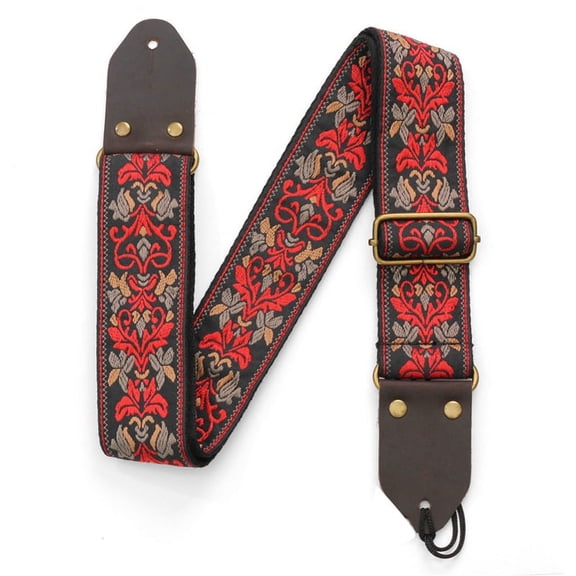 Guitar Ukulele Strap Embroidered Guitar Strap Leather Bass Shoulder Strap Electric Guitar Accessories(Black)