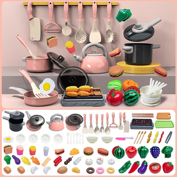 Herrnalise 83Pcs Kids Kitchen Toy Accessories, Toddler Pretend BBQ Camping Cooking Playset, Play Pots, Pans, Utensils Cookware Toys, Play Food Set, Vegetables, Learning Gift for Girls Boys