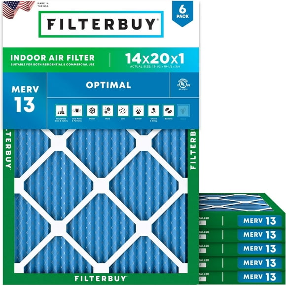 Filterbuy 14x20x1 MERV 13 Pleated HVAC AC Furnace Air Filters (6-Pack)