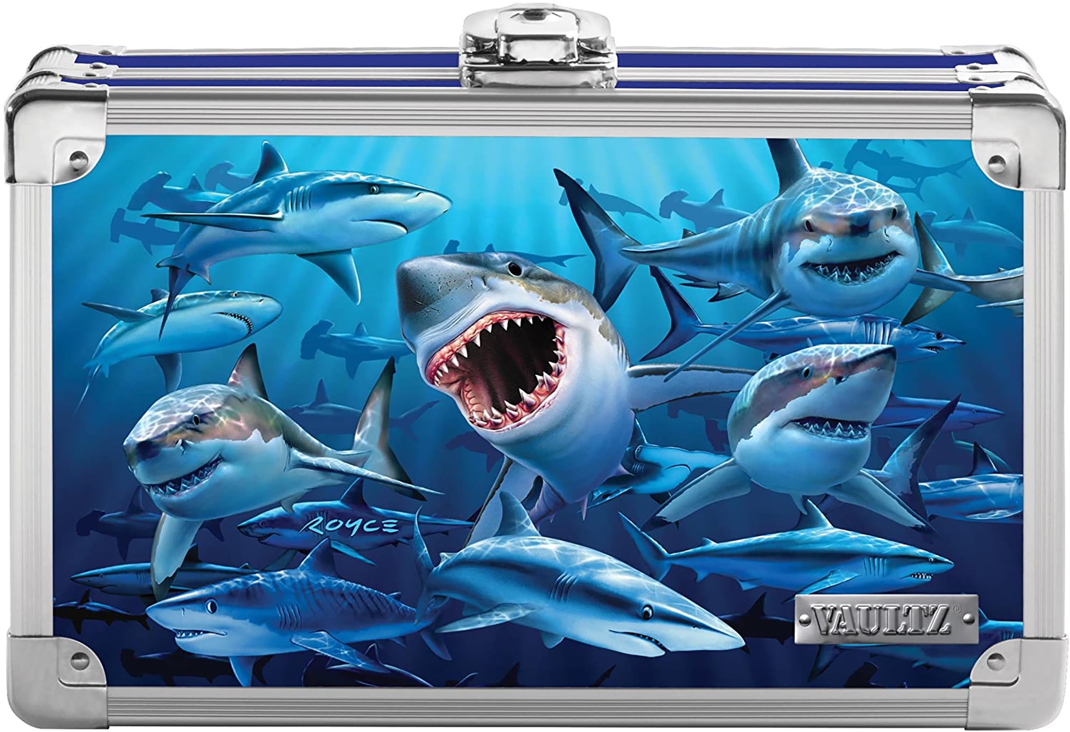 Vaultz Metal Pencil Box w/Sturdy Key Lock Exterior Includes Keys New 3D Sharks 