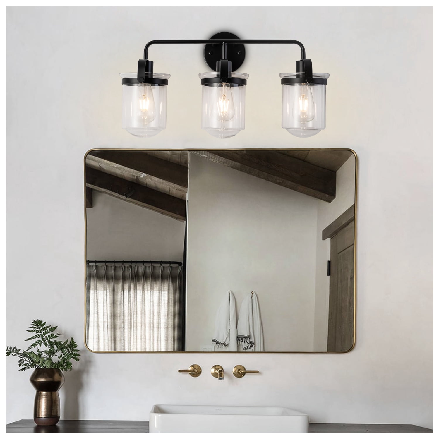 IVV Farmhouse Bathroom Vanity Light Fixtures Black with Clear Glass Shade 3 Light Industrial Wall Lighting Rustic Sconces Wall Mount Lamp for Living Room Hallway (Bulbs Not Included)