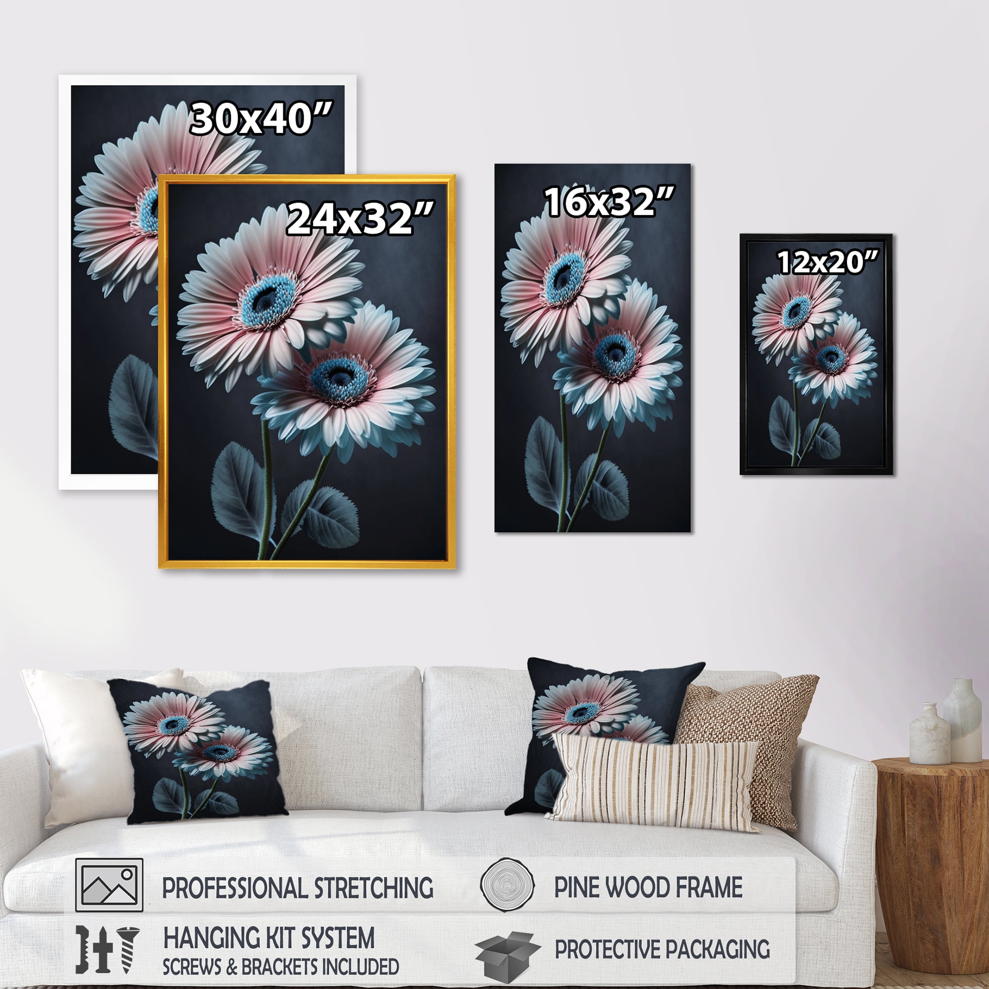 Designart Hyperrealistic Gerbera Pink And Blue Flowers II Canvas Wall Art