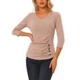 thumbnail image 1 of BLUSA RUCHADA PARA MUJERES CHIC CON BOTONES DECORATIVOS, ESCOTE EN V, MANGAS 3/4, TEJIDO SÓLIDO, TAMAÑO 3XL, BEIGE ROSA, 1 of 6
