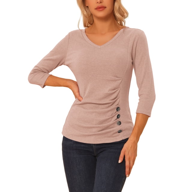 BLUSA RUCHADA PARA MUJERES CHIC CON BOTONES DECORATIVOS, ESCOTE EN V, MANGAS 3/4, TEJIDO SÓLIDO, TAMAÑO 3XL, BEIGE ROSA