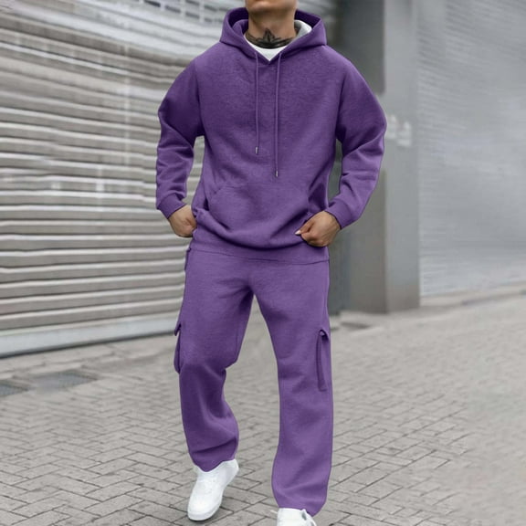 Domzest Track Suits Mens 2 Piece Tracksuits Jogging Drawstring Loose-Fit Hoodies Fall Long Sleeve Matching Crew Neck Pullover Sport Sweatpants Suit Set Purple 3XL-Large