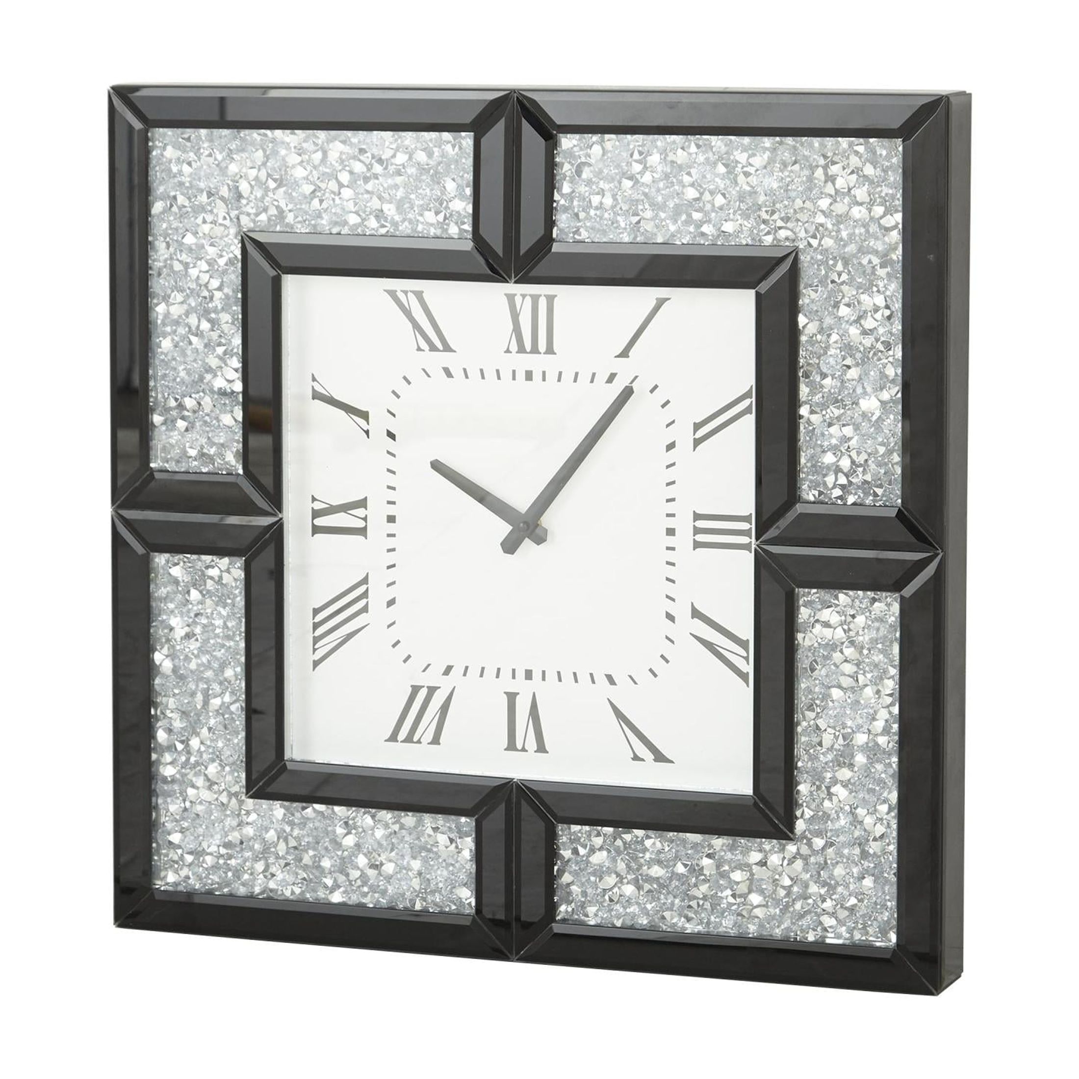 DecMode 20" Black Glass Mirrored Wall Clock with Floating Crystals
