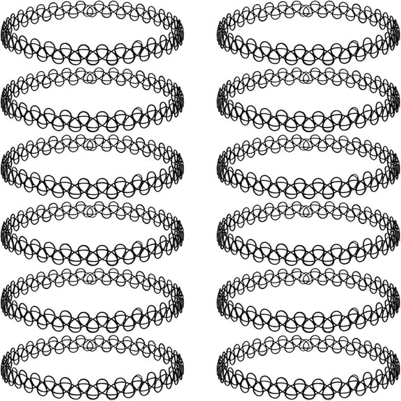 Designice 12Pc Choker Necklaces Y2K - Black Tattoo 9S Stretchy Elastic Vintage Trendy Fashion Jewelry, Adjustable Retro Gothic Grunge Aesthetic Accessories for Women