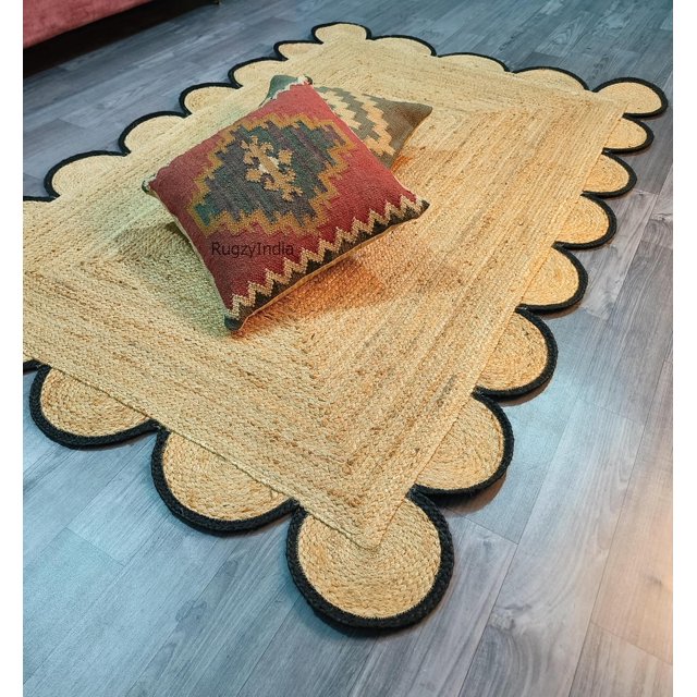 Hand Woven Farmhouse Jute Area Scalloped Rug Scallop Pattern Jute Bohemian Natural Base Black Trim Rug (Black, 10'x14')