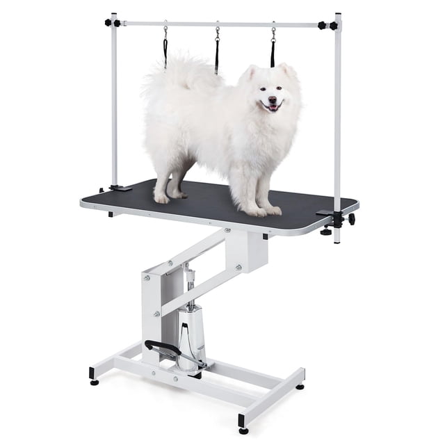 43.3" Hydraulic Dog Grooming Table, 350Lbs Heavy-Duty Pet Grooming Table, Adjustable Overhead Arm & Noose 22"-39", White