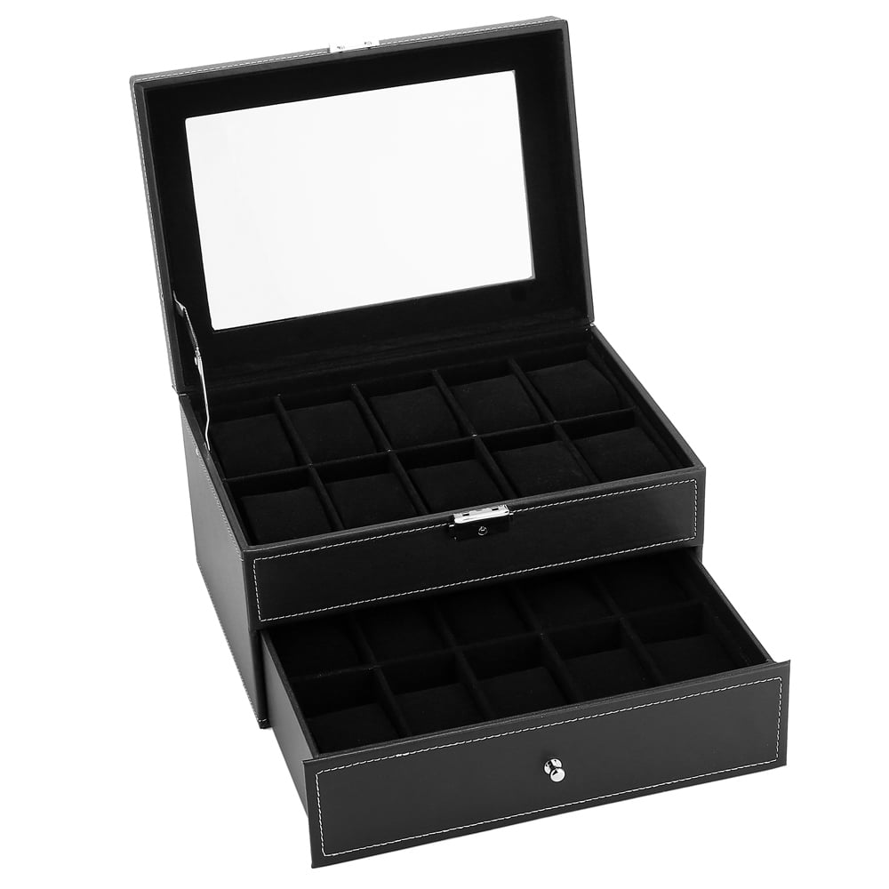Kepooman 20 Slot Leather Watch Box, Glass Top Display Organizer with Lockable, Black