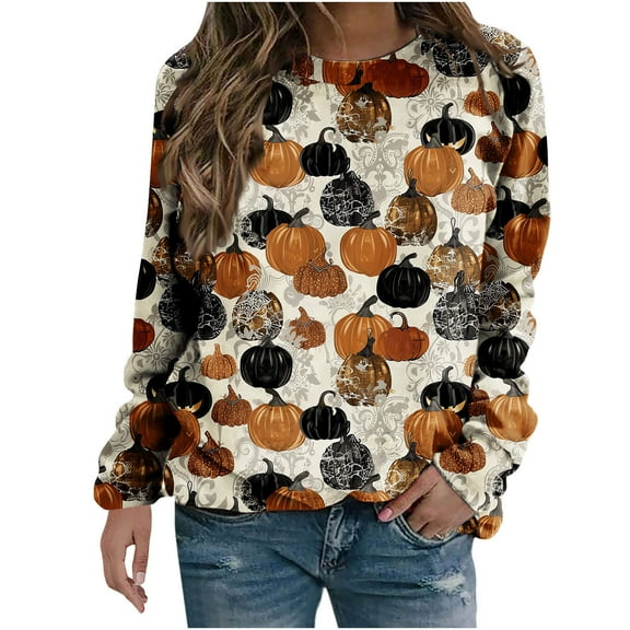 Raeneomay Long Sleeve Shirts for Women Women's Fall and Winter Halloween Print Casual Long Sleeved Round Neck Hooded SweatShirt Tops Blouse