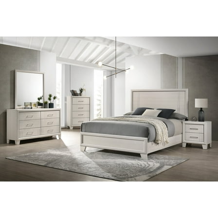 Beautiful White Cream Finish Full Size Panel Bed Wooden 5pc Master Bedroom Set