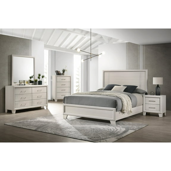 Beautiful White Cream Finish Full Size Panel Bed Wooden 5pc Master Bedroom Set