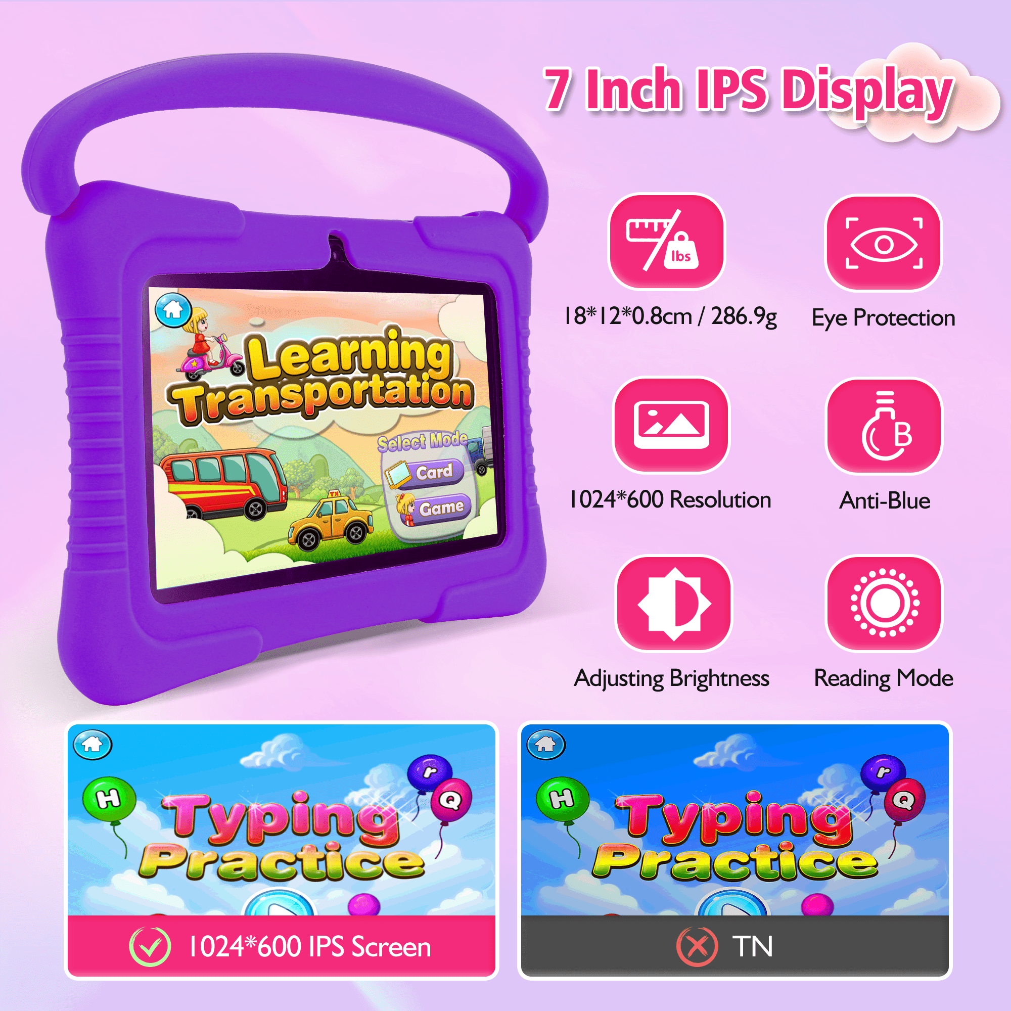 Veidoo 7 inch Android Kids Tablet, 2GB RAM 32GB Storage, Learning Tablet for Children, WiFi, Bluetooth, Dual Cameras, Parental Control, Toddler Tablet with Silicone Case (Purple)