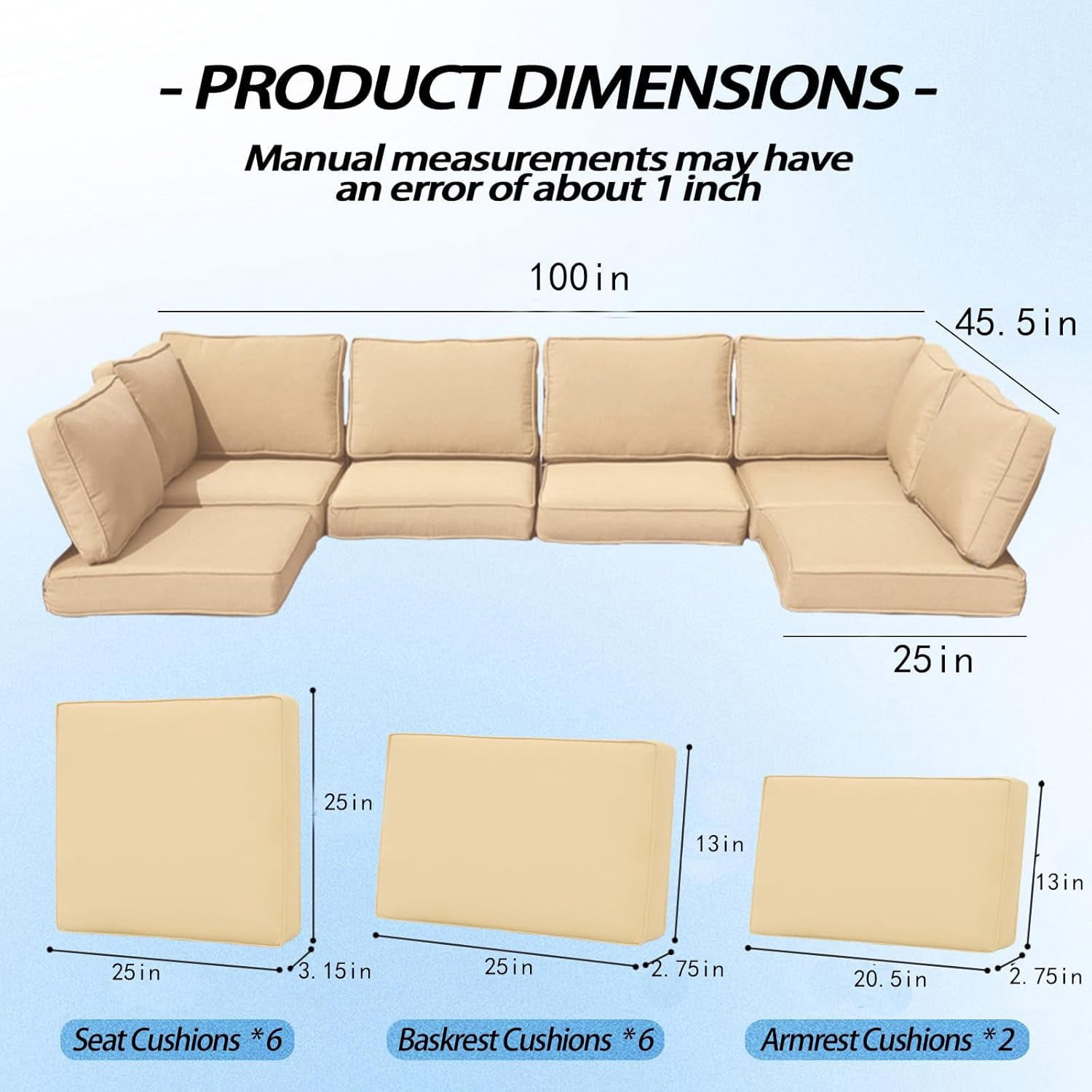 FKS LIFE Outdoor Replacement Cushions for Patio Furniture, Water-Resistant Sofa Cushion for 6-Seat Rattan Wicker Sectional Patio Conversation Sets, 14-Piece Cushions Set for Outdoor