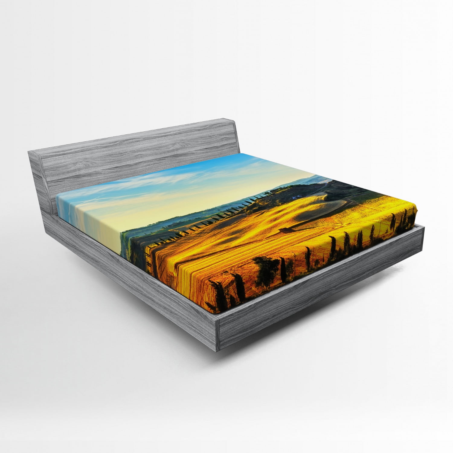 Italian Fitted Sheet, Scenery of Italian Rural with Trees Meadows and Sky Mediterranean Farm