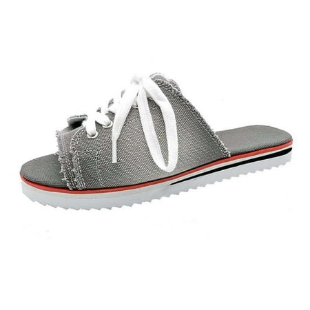 

Kukoosong Womens Sandals Outerwear Summer Round Toe Slippers Fashion Canvas Beach Shoes Flat Casual Frenulum Flip-flops Flat Sandals for Women Gray 38