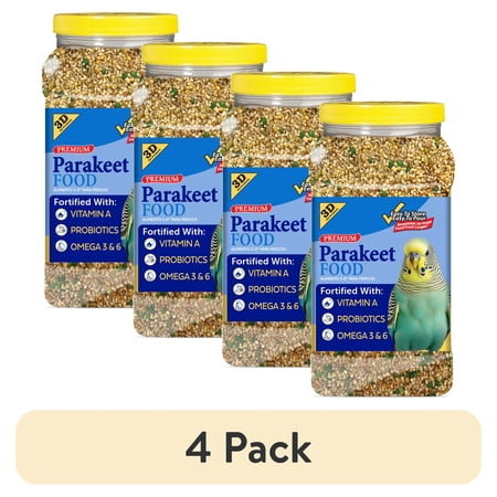 (4 pack) 3-D Pet Products Premium Parakeet Bird Food, with Probiotics, 5 lb. Jar, for Daily Feeding