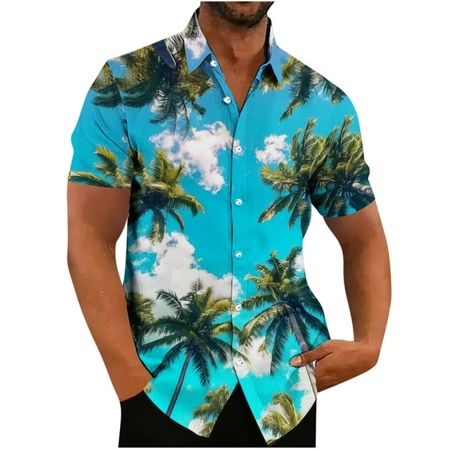 Mens Manga Corta Botón Abajo Camisas de Impresión Cuello Turndown Blusa Casual, Poliéster Superior para Al Aire Libre, Diario Y Verano