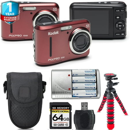 Kodak PIXPRO FZ43 Digital Camera (Red) + Extra Battery +Tripod + 1 Yr Warranty -64GB Kit