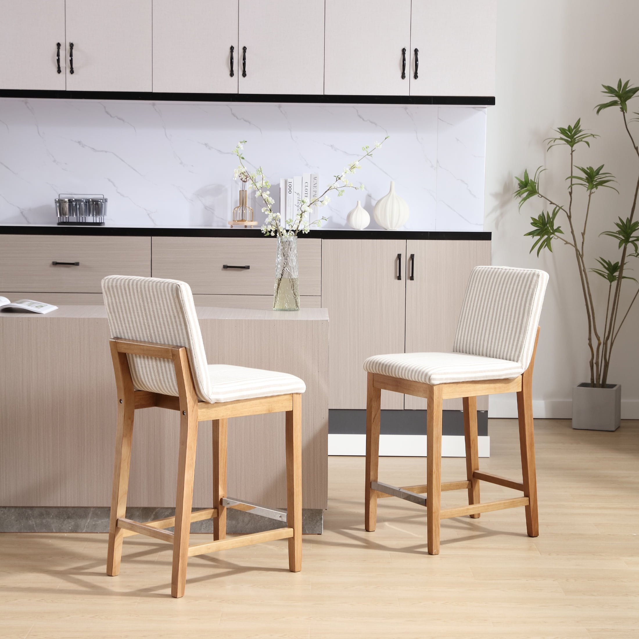 Guyou 26" Counter Height Bar Stools Set of 6, Modern Linen Upholstered Barstools, Rustic Farmhouse Wooden Kitchen Island Chairs with Backrest for Dining Room Home Bar Patio Club, Khaki Stripe