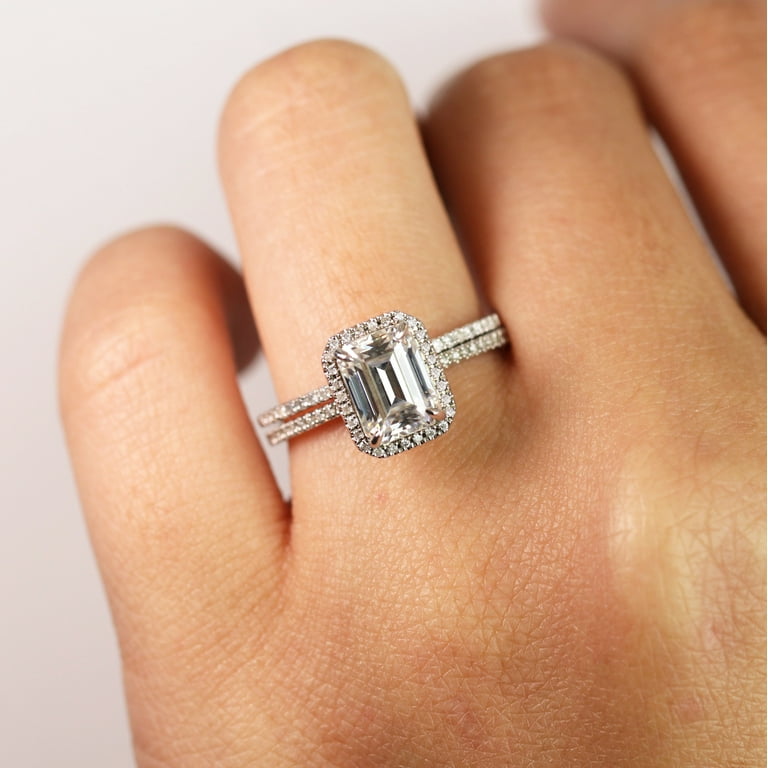 JeenMata 2 carat emerald cut Moissanite and Diamond Halo pave Bridal Wedding Ring Set in 10k White Gold