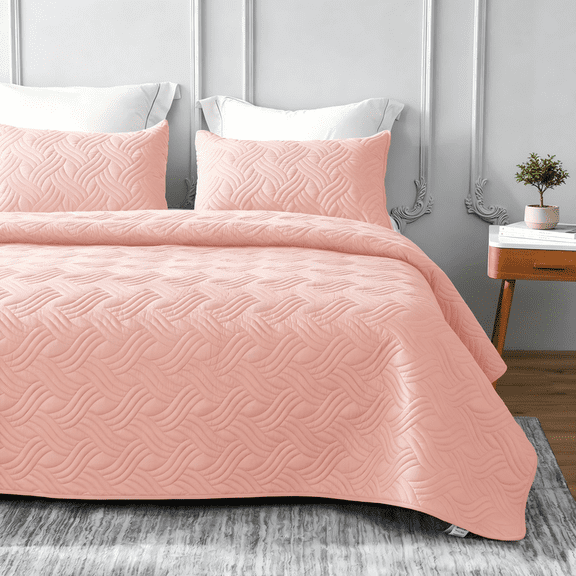Whale Flotilla Quilt Set Queen Size, Soft Microfiber Lightweight Bedspread Coverlet Bed Cover (Wave Pattern) for All Seasons, Pink, 3 Pieces (Includes 1 Quilt, 2 Shams)