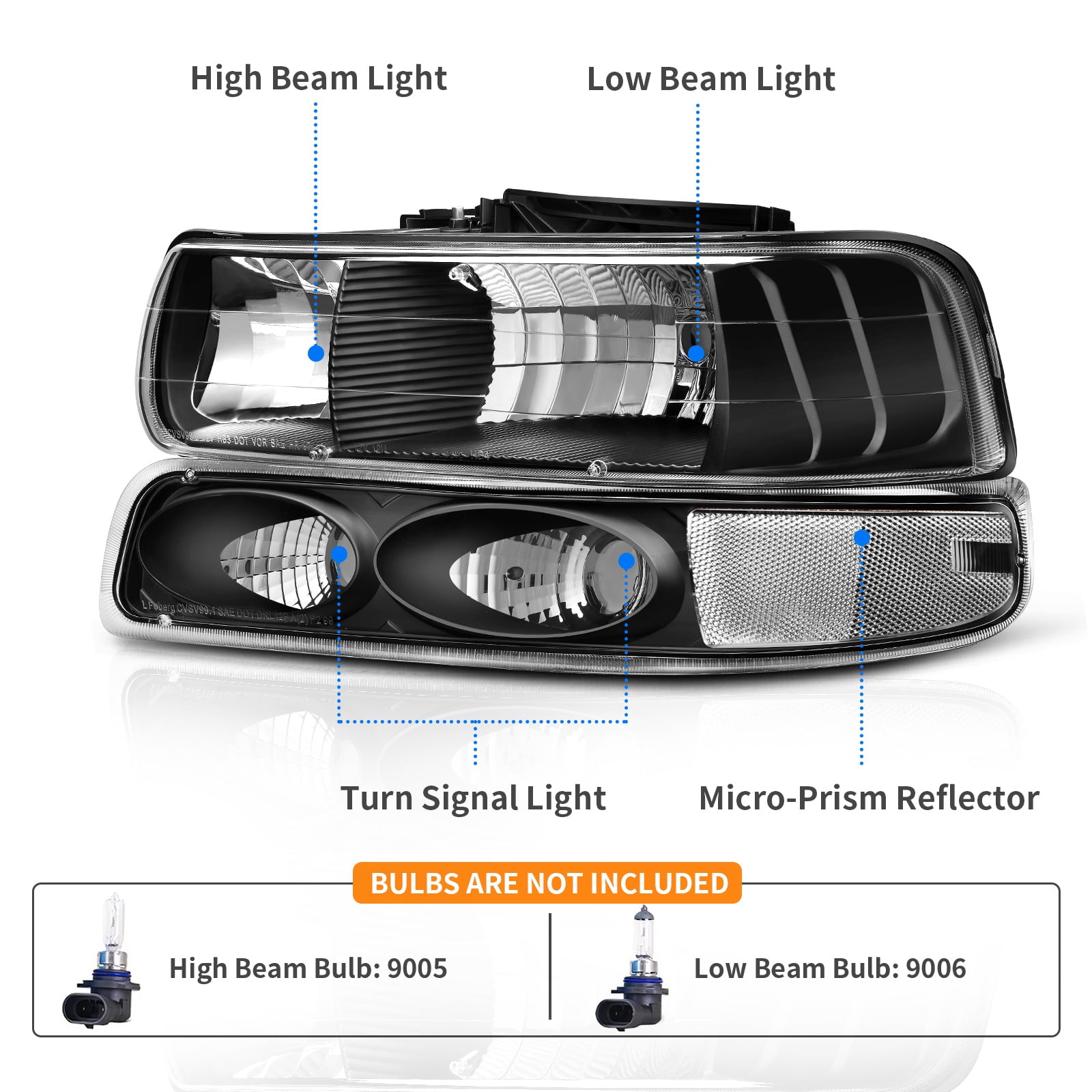 RVNI Headlights + Bumper Lamp for 1999-2002 Silverado 00-06 Tahoe Suburban Left+Right