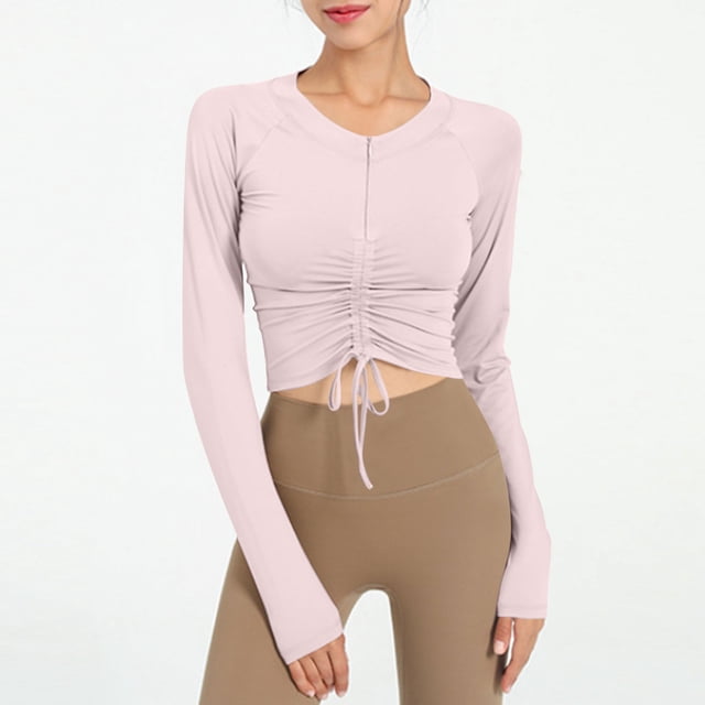 AherBiu Hauts de Yoga à Manches Longues pour Femmes Col Rond Entraînement Randonnée Course Slim Extensible Chemises Courtes Blouses