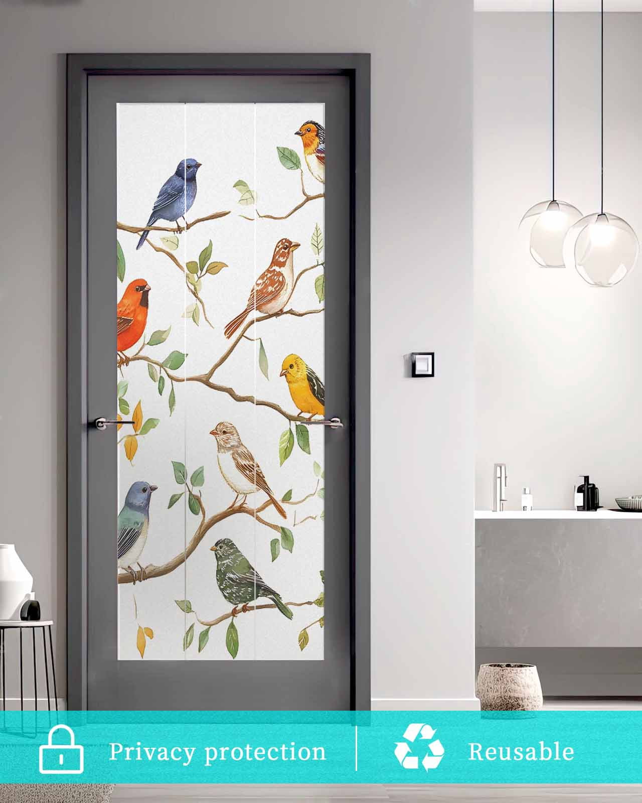 Window Privacy Film Spring Bird Leaf Stained Glass Window Film Decorative Sun Block Window Cover Farmhouse Tree Branch Nature Animals Window Clings Static Adhesive Sticker for Bathroom 23.6"x59"