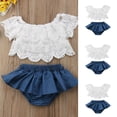 thumbnail image 2 of Toddler Newborn Baby Girl Denim Shorts Outfits Off Shoulder Lace Tops+Jean Shorts Skirt Clothes Set for 0-3 Months Girl, 2 of 7