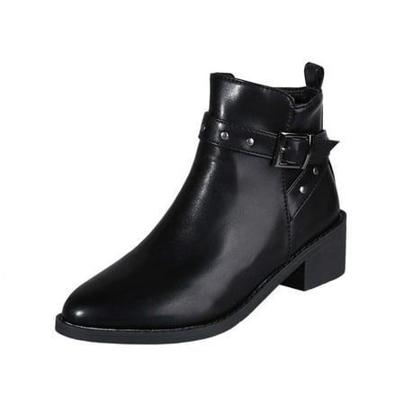 

Womens Ankle Boots Metal Leather Buckle Chunky Heel Cowgirl Combat Booties Fashion Wedding Dress Shoes