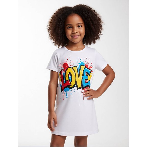 Kids Basic Short Sleeve Dress Regular-Fit Classic Round Neck Summer Dress for Girls Little Girls Age 5-10 Everyday Look
