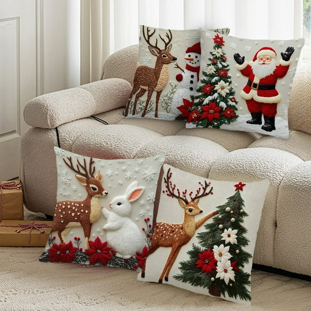 Todaioua 4-Pack Christmas Linen Pillow Covers 18"x18" - Tree, Snowman, Santa Claus, Rabbit, Elk Printed Holiday Design for Sofa Decor, Bed Pillowcase, Festival Home Decoration(4 pcs)