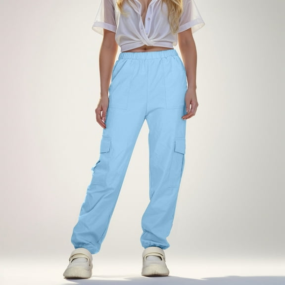 ATOGUTA Sweatpants Girls Size 5T-14 Casual Cargo Joggers with Elastic Waistband Baggy Cargo Pants for Girls Light Blue