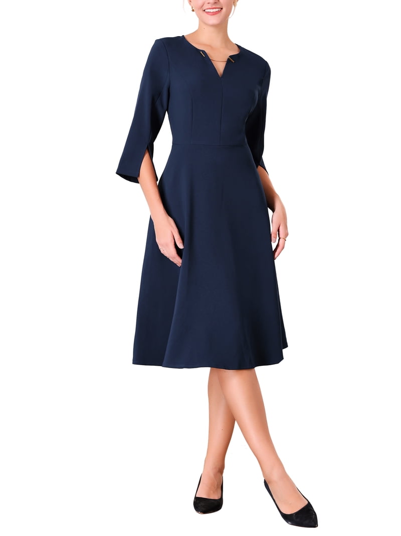 flare dresses for work Inspire Chic Women's Flare Dress V Neck 3/4 Sleeve Elegant A Line Work Dresses M Navy Blue, Size: Medium