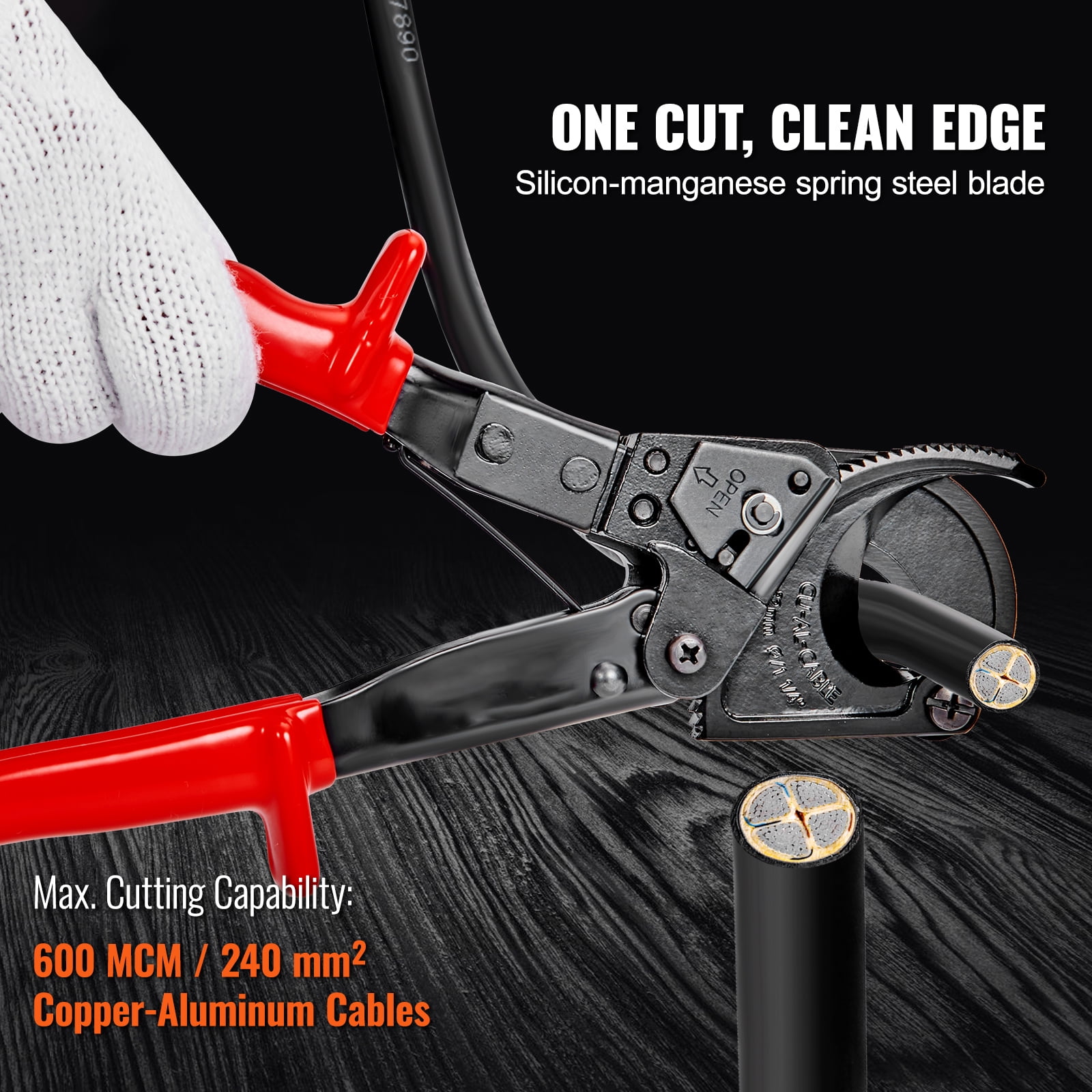 KFFKFF Ratcheting Cable Cutter, 10" Ratchet Wire and Cable Cutter, Cut up to 240 mm??, with Comfortable Grip Handles, Easy to Use Quick-Release Lever, Silicon-Manganese Spring Steel Blade
