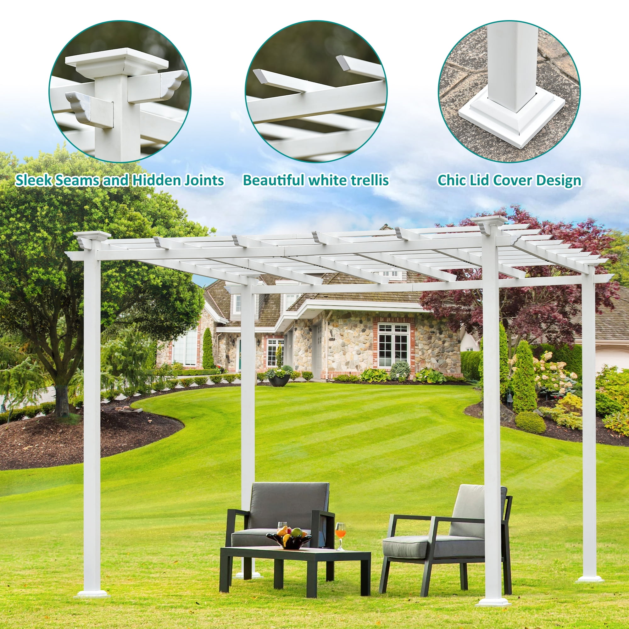 10' x 10' White Iron Pergola Kit with Canopy Gazebo for Vines Pure Iron