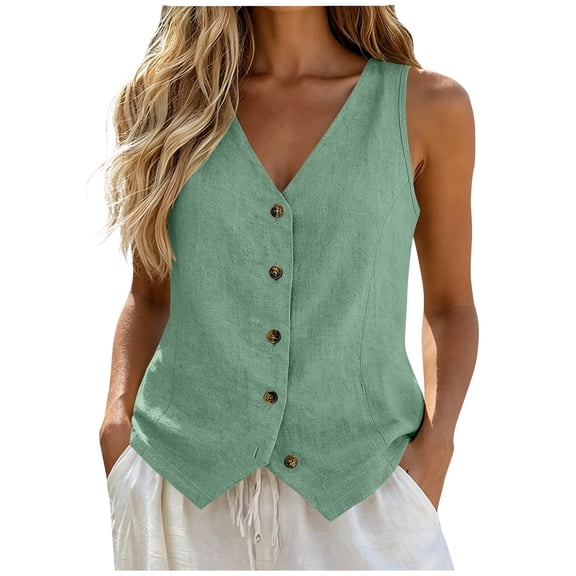 TKLPEHG Women's Cotton Linen V-Neck Vest Button Front Sleeveless Waistcoat Casual Loose Fit Tank for Office and Casual Wear (Green,XL)