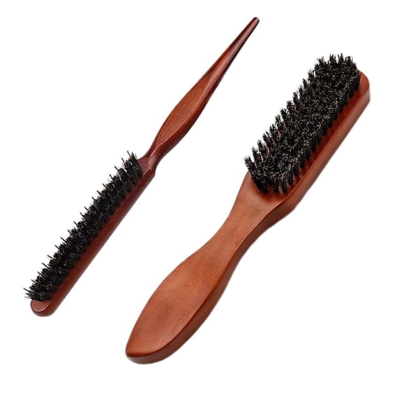 OPALESQUE Slick Back Hair Brush, 2 PCS Wood Handle Edge Brush Set Boar Bristle Teasing Brush Rat Tail Comb Small Portable Travel Hair Brush for Women Thin & Fine Hair Smoothing Sectioning