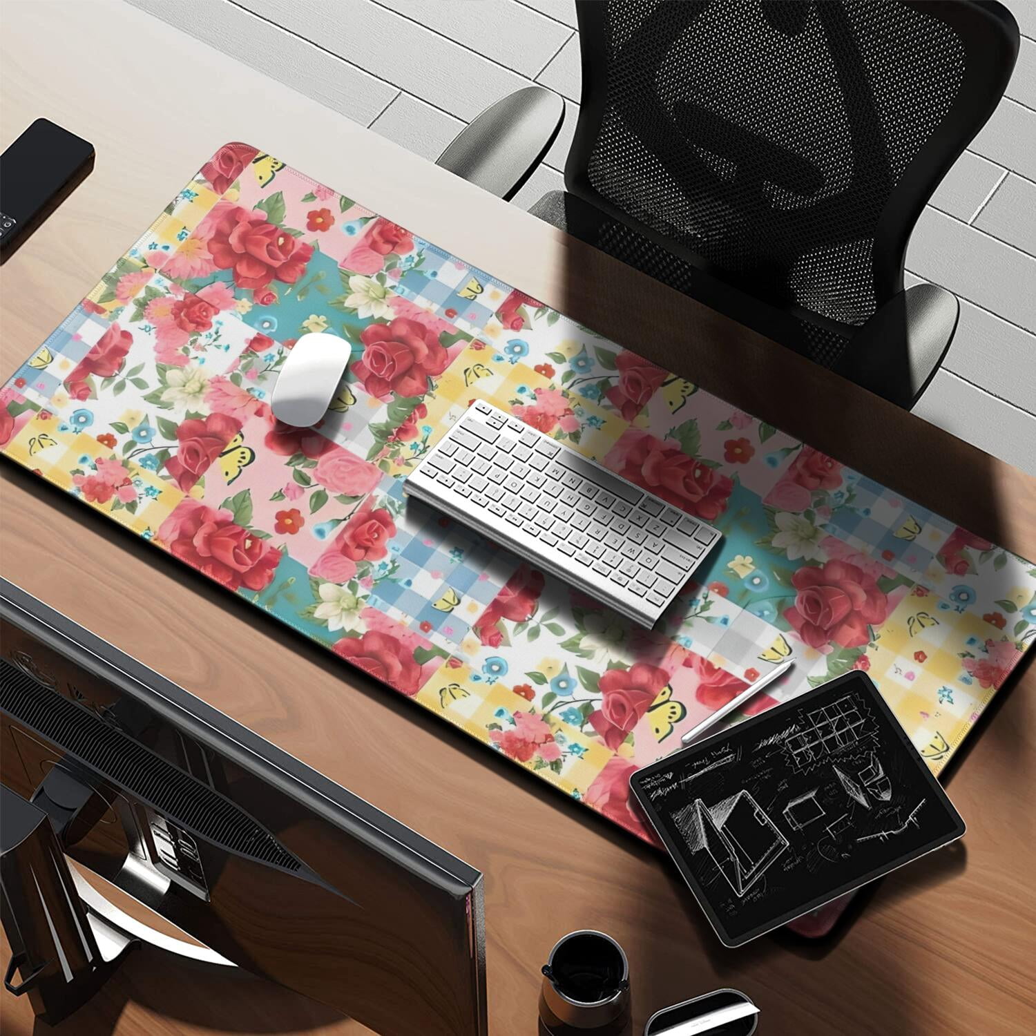 Long Mouse Pads for Desk,Pioneer Flower Floral Print Pattern Desk Mats on Top Of Desks, Desk Mouse Pad Extra Large with 3mm Non-Slip Base and Stitched Edge for Gaming,Office,Work,Home 35.4"x15.7"