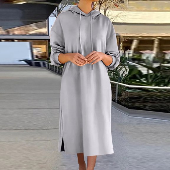 Guieoi Plus Size Fall Casual Long-Sleeve Sweatshirt Dress Loose-Fit Hooded Drawstring Maxi Dress Gray L
