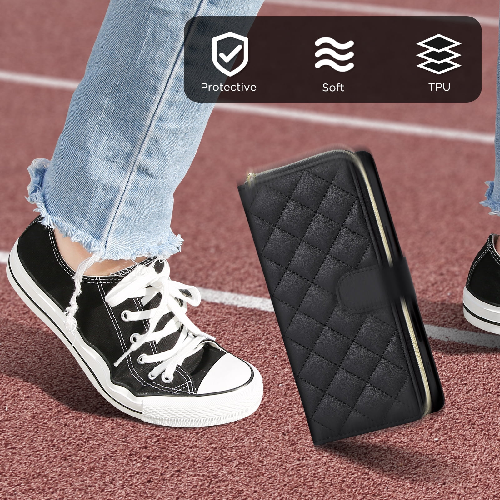 Compatible for iPhone 12 Pro / 12 6.1" Wallet Case, Crossbody Strap PU Leather Folio Phone Cover, Zipper Handbag Purse with Card Holder Lanyard Flip Stand for iPhone 12 Pro / 12 6.1", Black