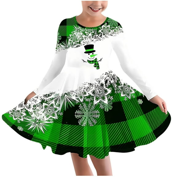 IVEYRTF Christmas Bear Print Girls Long Sleeve Dress Princess Party Dress for Toddlers Kids Round Neck Casual Play Dress Holiday Birthday Outfit Everyday Wear Festive Apparel(Green#1,4 Years)