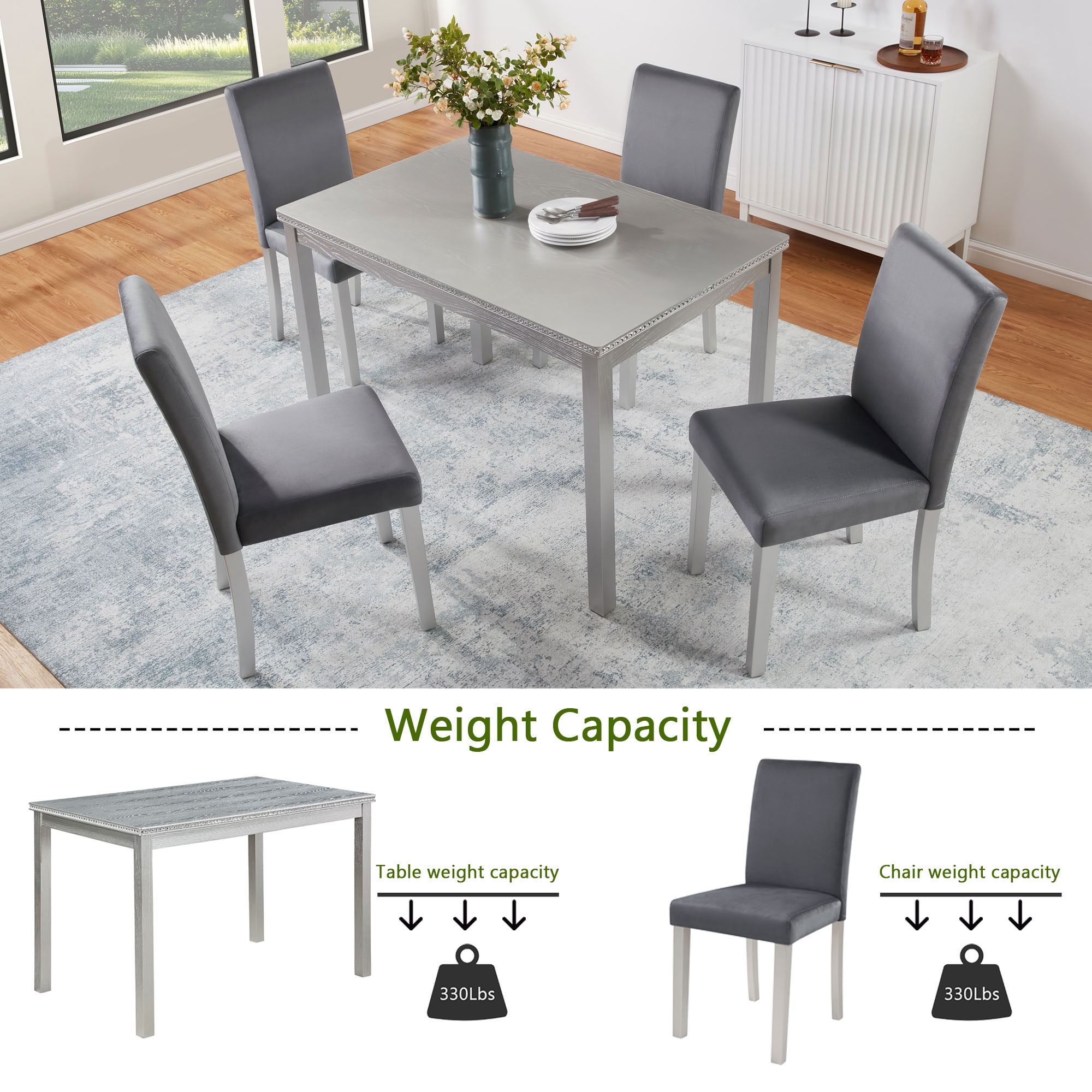 MAYEERTY 5-Piece Wooden Dining Table Set with 4 Upholstered Chairs for Kitchen Dining Room, Silver Grey