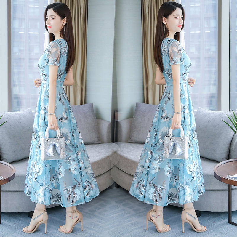 Bingirl Women Summer Short Sleeve Flower Pattern Casual Long Dress Light blue XL Walmart