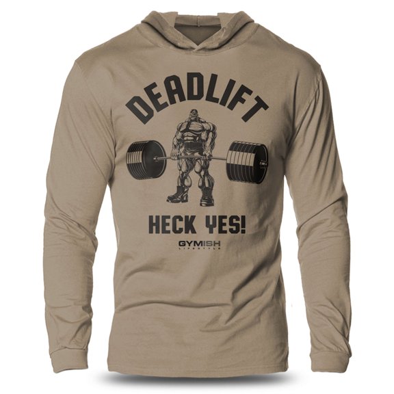 GYMISH Deadlifts? Heck Yes! Lightweight Long Sleeve Hooded T-Shirt for Men – Funny Gym Hoodie, Khaki, Small