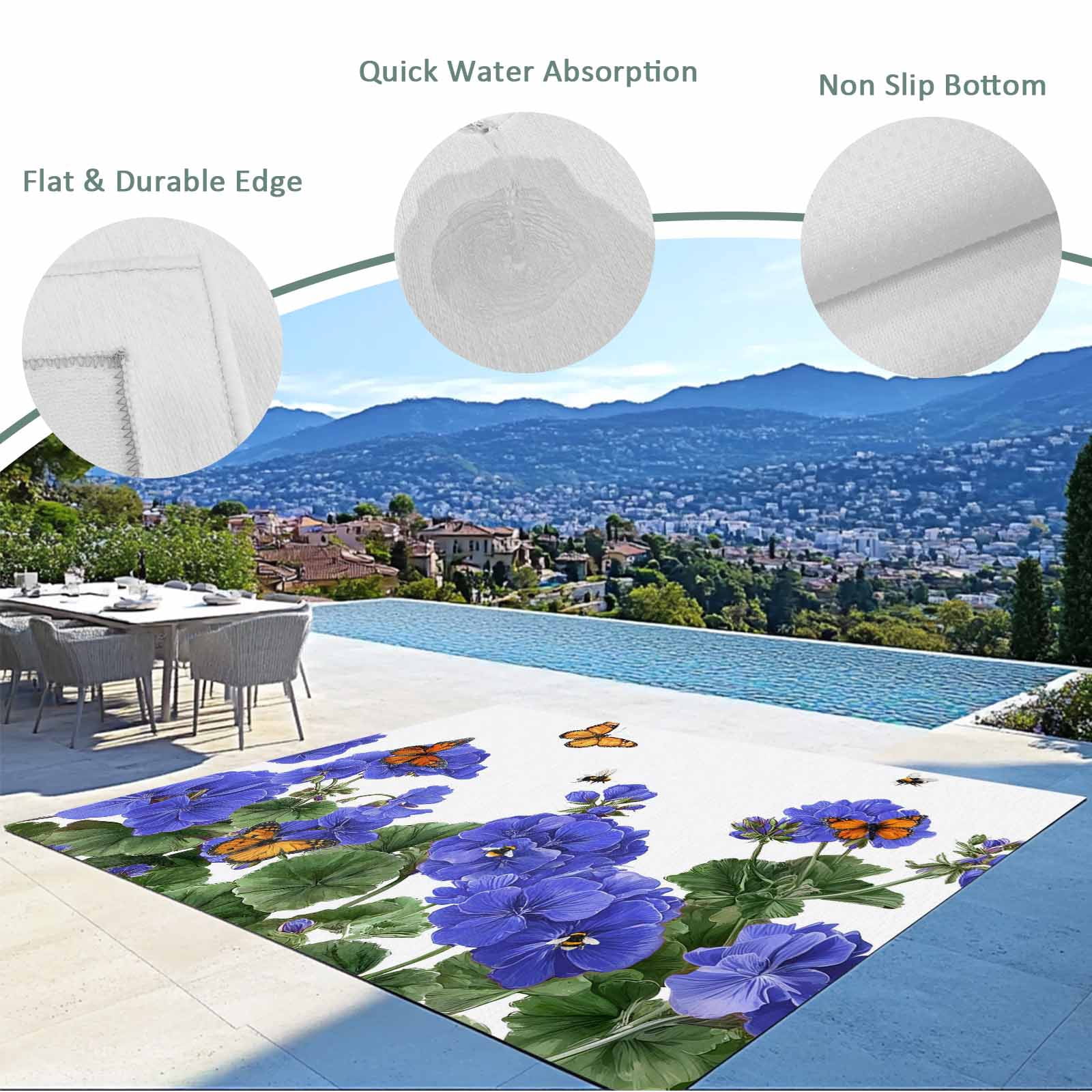 Purple Spring Floral Outdoor Rug for Patio/Deck/Porch, Non-Slip Large Area Rug 6 x 9 Ft, Butterfly Farmhouse Indoor Outdoor Rugs Washable Area Rugs, Reversible Camping Rug Carpet Runner