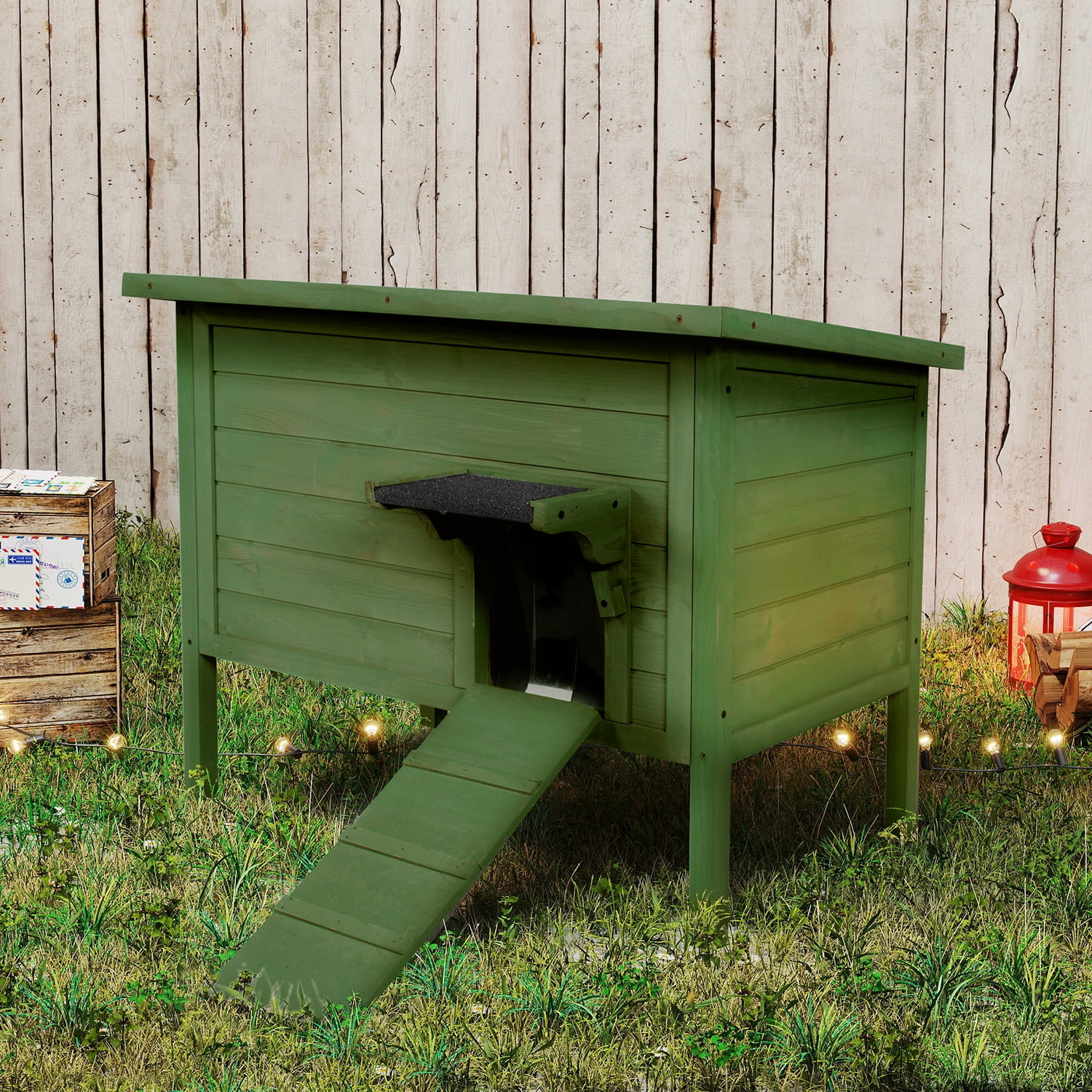 Hidpriva Insulated Wooden Outdoor Cat House, Weather-Resistant Feral Cat Shelter for Winter w/ Foldable Ladder & Visible Window, Dark Green